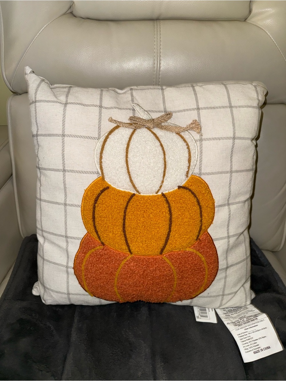 Neutral Plaid Pumpkin Stack Decorative Throw Pillow - Cream and Orange